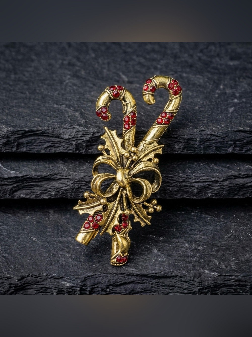 Vintage 50s Weiss Double Candy Cane Red Rhinestone Holly Christmas Golden Brooch